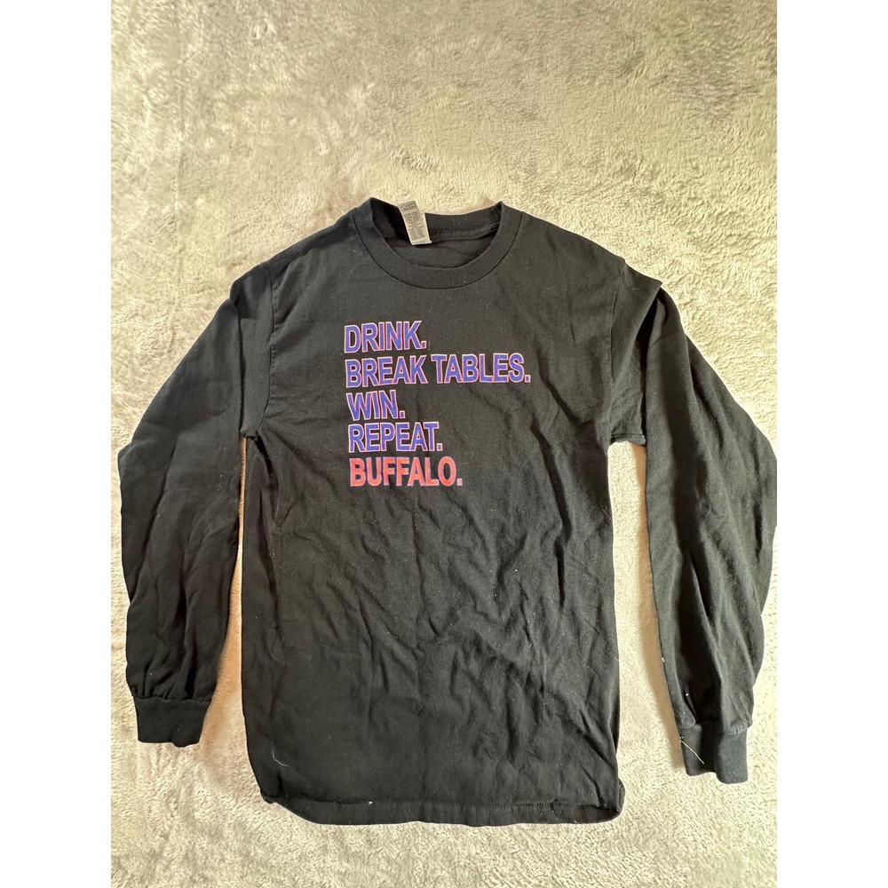 Buffalo Bills T-Shirt Long Sleeve  Drink Break Tables Win Repeat Buffalo Size S